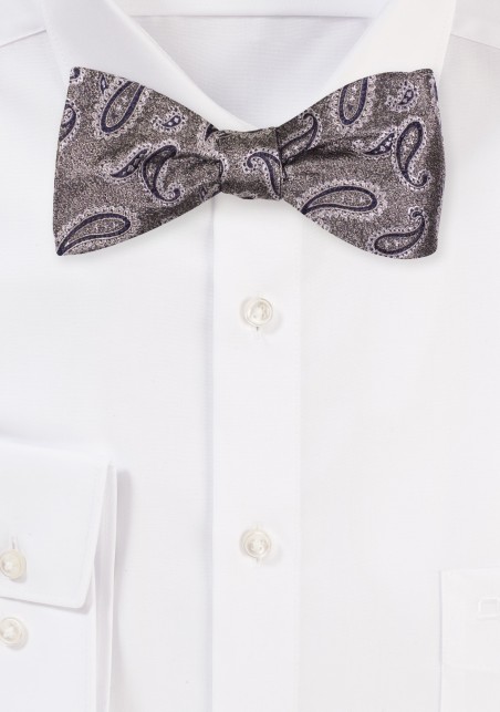 Silver and Black Paisley Bowtie | Silk Bow tie in Self-Tie Style