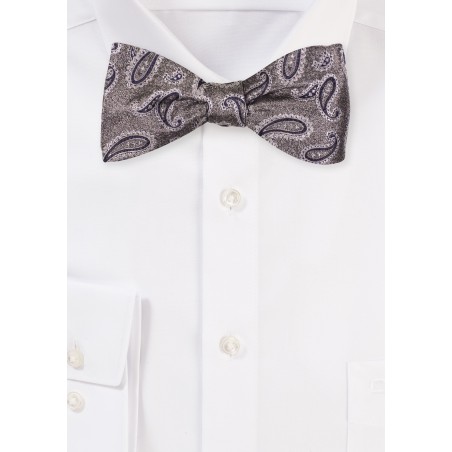 Silver and Black Paisley Bowtie | Silk Bow tie in Self-Tie Style