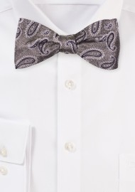 Silver and Black Paisley Bowtie | Silk Bow tie in Self-Tie Style