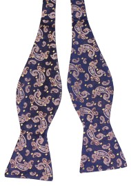 Self Tie Bow Tie in Silk | Paisley Silk Bowtie in Navy, Gold, Bronze