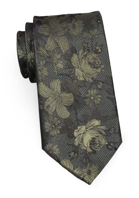 Moss Green Skinny Tie | Modern Narrow Necktie in Moss Green Floral Design