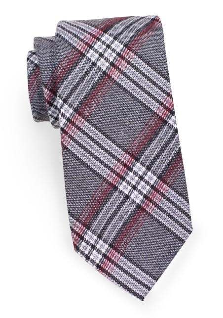 Tartan Check  Cotton Necktie | Gray and Black Tartan Check Cotton Mens Tie