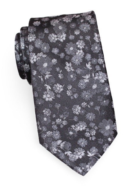 Charcoal Gray Floral Tie | Smoke Gray and Silver Floral Designer Necktie