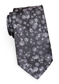 Charcoal Gray Floral Tie | Smoke Gray and Silver Floral Designer Necktie