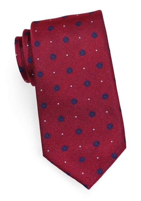 Deep Red Silk Tie with Navy Florals
