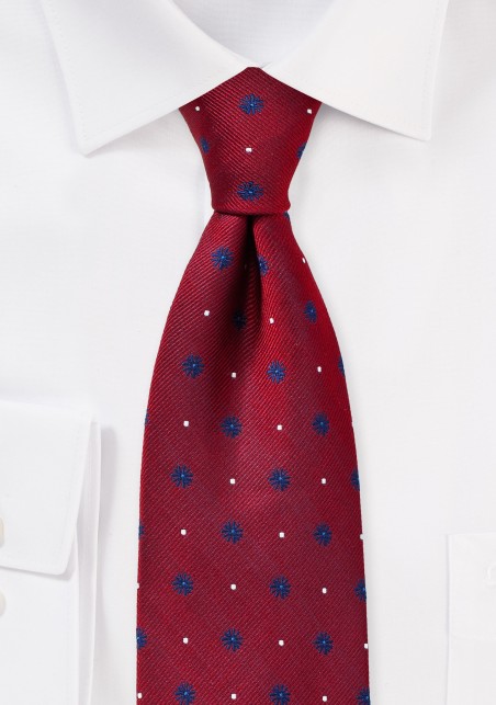Deep Red Silk Tie with Navy Florals