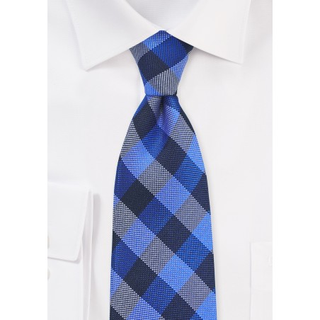 Trendy Blue Gingham Check Silk Tie