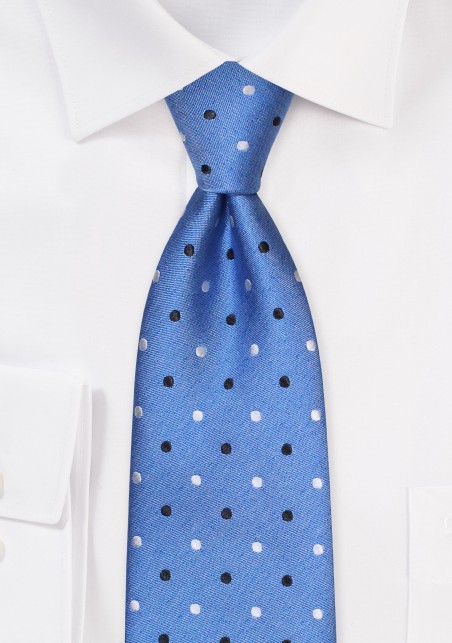 Blue Tie with Polka Dots in Silver and Black