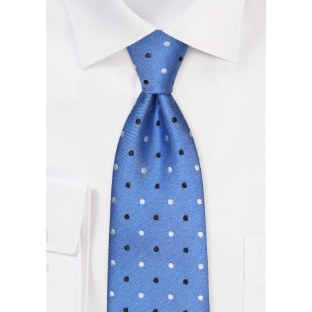 Blue Tie with Polka Dots in Silver and Black