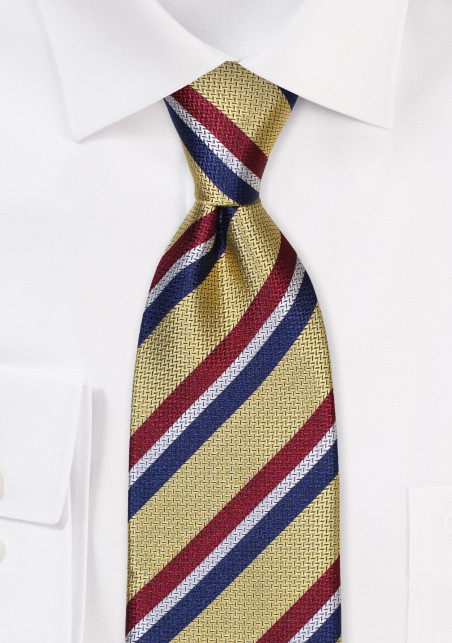 Gold Herringbone Textured Striped Silk Tie