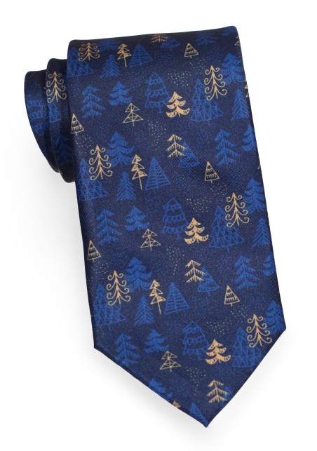 Blue Kids Tie with Golden Christmas Trees | Pine Tree Print Necktie in Blue, Navy, and Golden Yellow