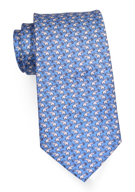 Elephant Print Necktie | Silk Print Mens Tie in Blue with Tiny Elephants