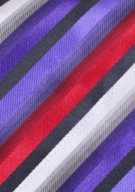 Striped Tie in Greys, Purples and Reds