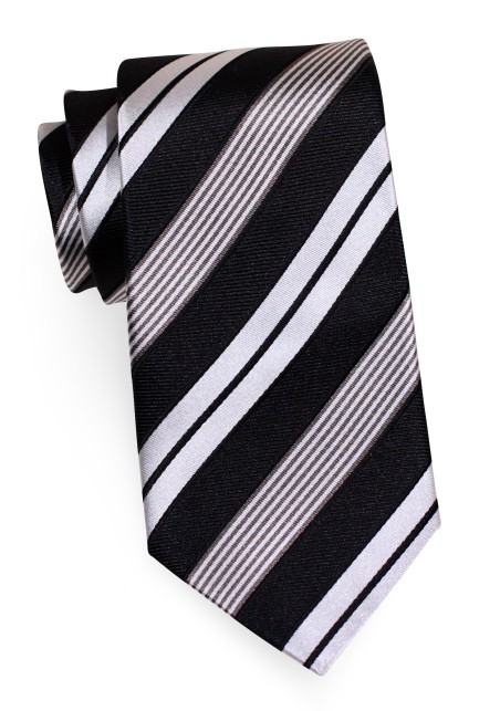 Contemporary Italian Striped Tie in Black, White, and Silver
