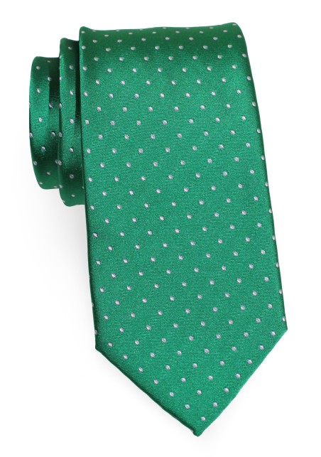 Kelly Green Polka Dot Tie | Mens Necktie in Kelly Green with Woven Silver Dots