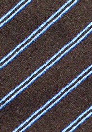Striped Necktie in Chocolate Brown and Light Blue