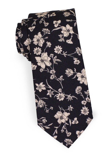 Black Floral Tie | Black Cotton Necktie with Flower Print in Ivory and Silver