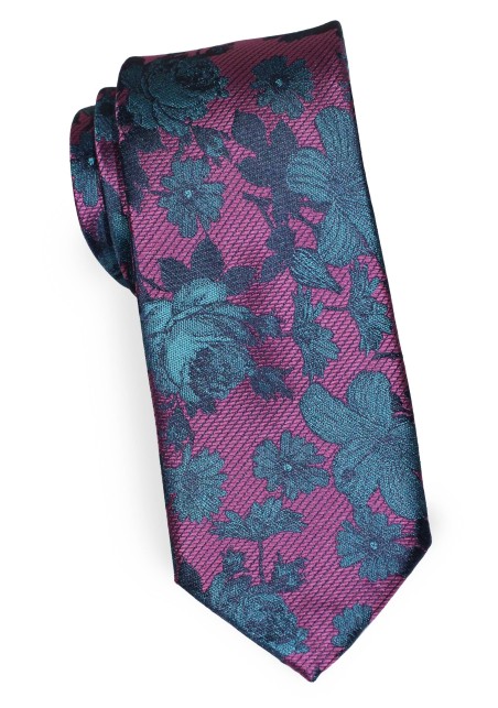 Berry and Teal Floral Tie | Narrow Cut Mens Tie in Modern Floral Design