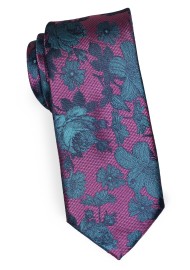 Berry and Teal Floral Tie | Narrow Cut Mens Tie in Modern Floral Design