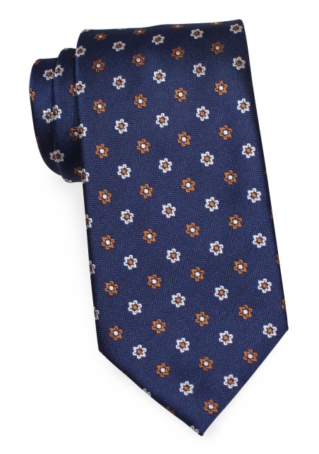 Navy XL FLoral Necktie | Extra Long Mens Tie in Navy, Copper, Ivory Floral Weave