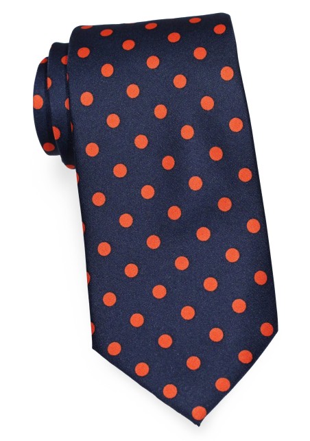 Navy Mens Tie with Tangerine Polka Dots