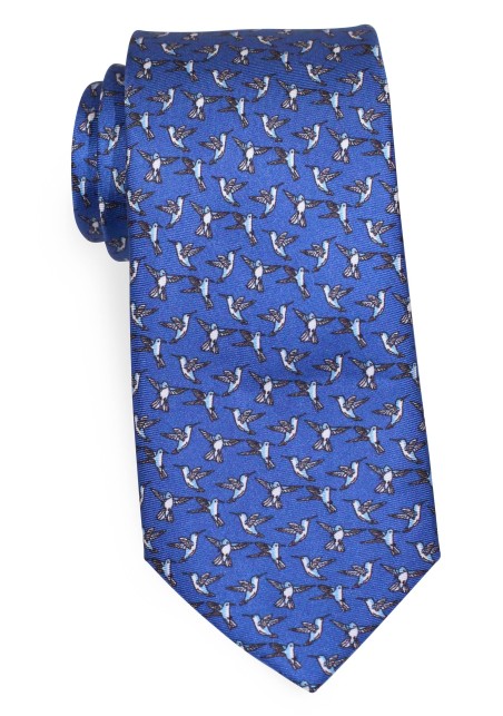 Hummingbird Silk Tie | Blue Silk Designer Tie with Tiny Hummingbirds