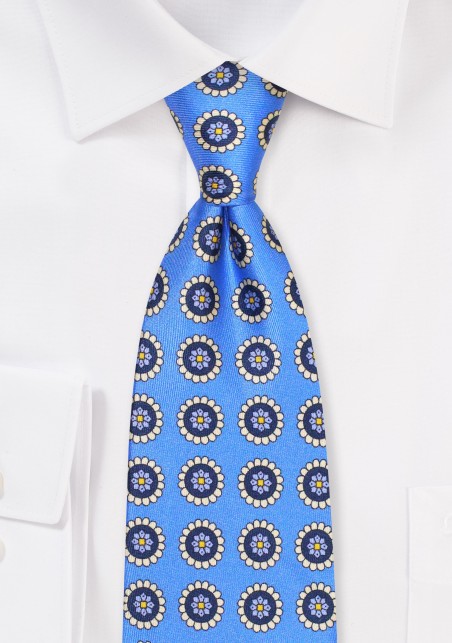 Medallion Print Silk Tie in Blue and Cream