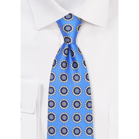 Medallion Print Silk Tie in Blue and Cream