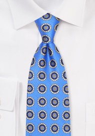 Medallion Print Silk Tie in Blue and Cream