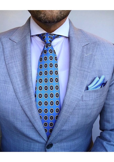 Medallion Print Silk Tie in Blue and Cream