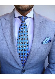 Medallion Print Silk Tie in Blue and Cream