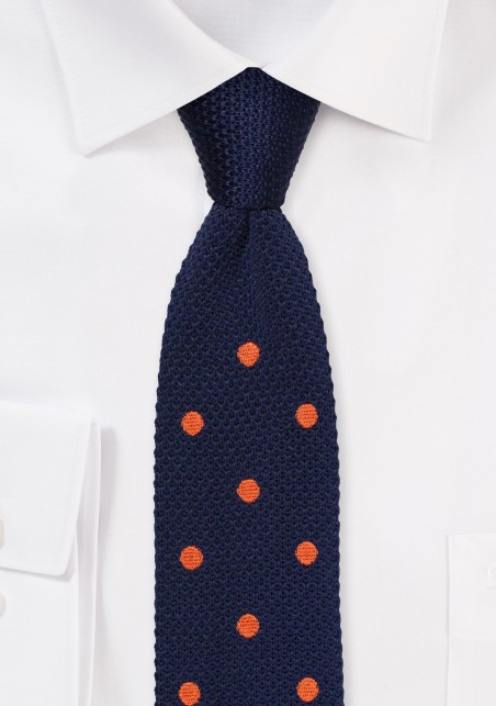 Navy Blue and Orange Silk Knit Polka Dot Tie