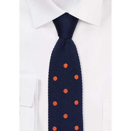 Navy Blue and Orange Silk Knit Polka Dot Tie