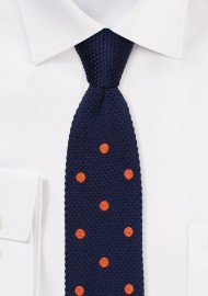 Navy Blue and Orange Silk Knit Polka Dot Tie