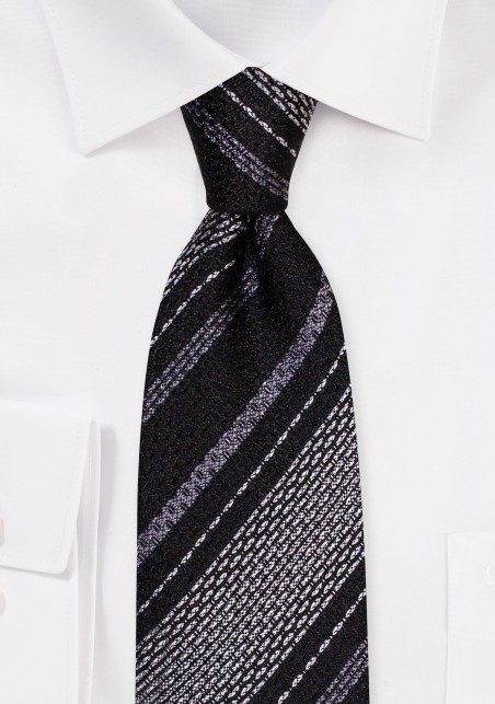 Black and Silver Textured Striped Tie in Pure Silk