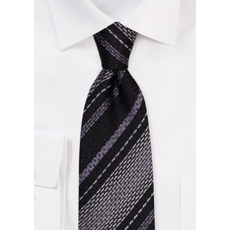 Black and Silver Textured Striped Tie in Pure Silk