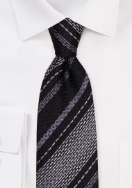 Black and Silver Textured Striped Tie in Pure Silk