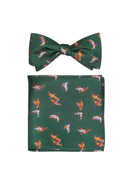 Silk Bow Tie and Pocket Square Set with Flying Ducks in Hunter Green