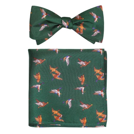 Silk Bow Tie and Pocket Square Set with Flying Ducks in Hunter Green