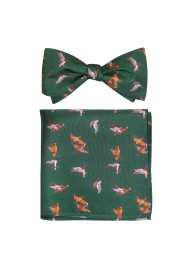 Silk Bow Tie and Pocket Square Set with Flying Ducks in Hunter Green