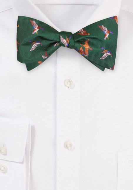 Silk Bow Tie and Pocket Square Set with Flying Ducks in Hunter Green