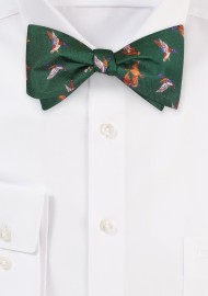 Silk Bow Tie and Pocket Square Set with Flying Ducks in Hunter Green