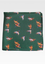 Silk Bow Tie and Pocket Square Set with Flying Ducks in Hunter Green