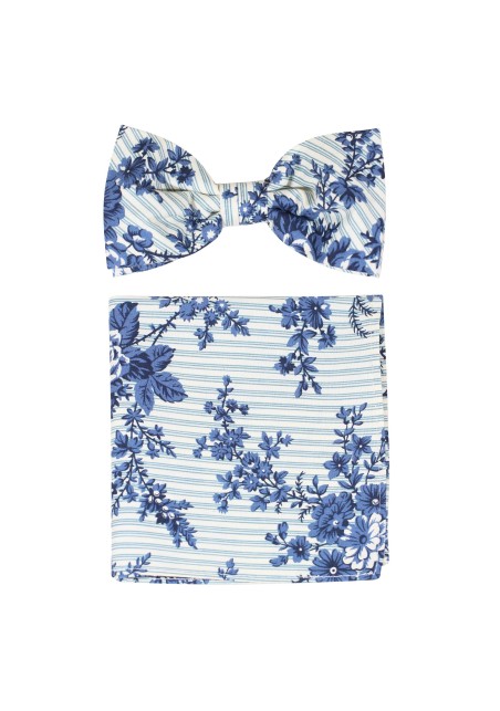 Cotton Bowtie and Hanky Set with Blue Floral Stripe Design