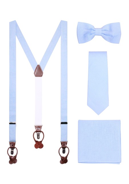 Sky Blue Linen Suspender, Necktie, Bowtie Set