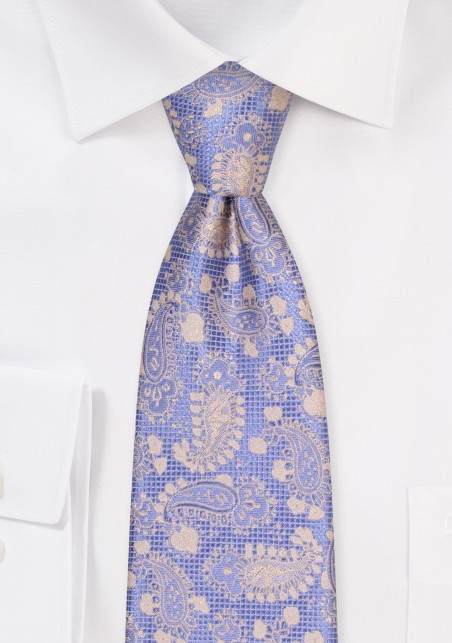 Pastel Blue and Gold Paisley Tie | Light Blue Necktie with Golden Paisley Pattern