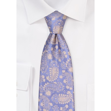 Pastel Blue and Gold Paisley Tie | Light Blue Necktie with Golden Paisley Pattern