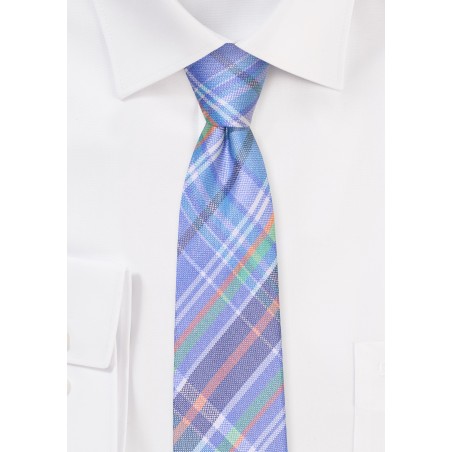 Skinny Madras Check Tie in Sky Blue