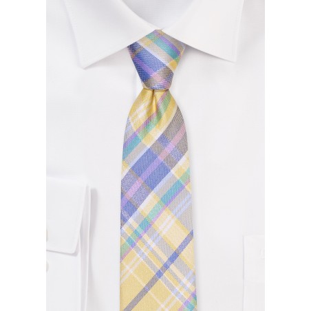 Madras Skinny Silk Tie in Yellow and Blue
