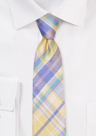 Madras Skinny Silk Tie in Yellow and Blue